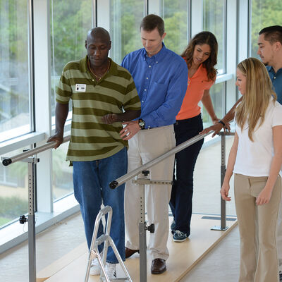 A group of students watching a faculty member provide therapy to a patient